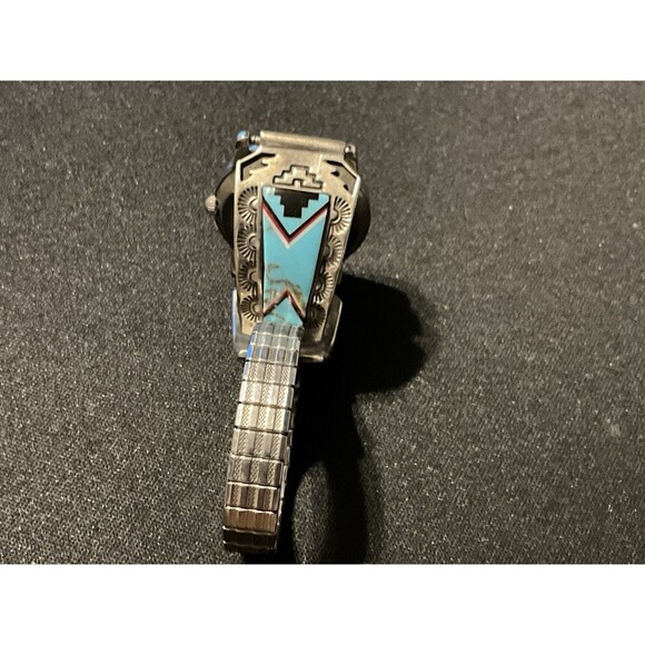 Vintage Sterling Turquoise MOP Face Nadia Artist Signed Native Wrist Watch - Picture 7 of 8
